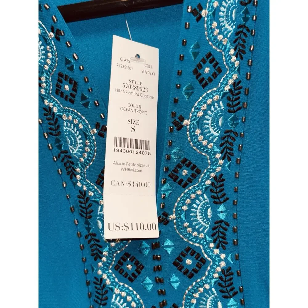 Sz S White House Black Market Halter Neck Embroidered Chemise Ocean Tropic Color